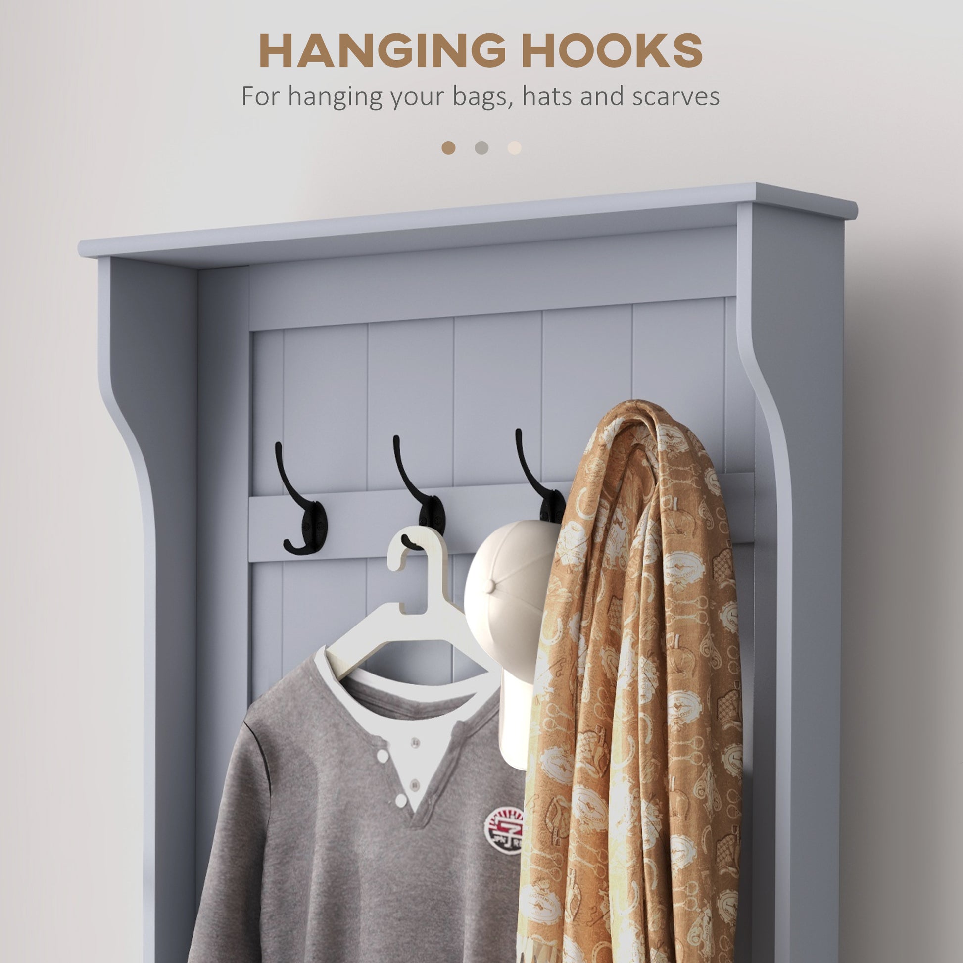 Gray wooden wallmounted shelf with three black hanging hooks