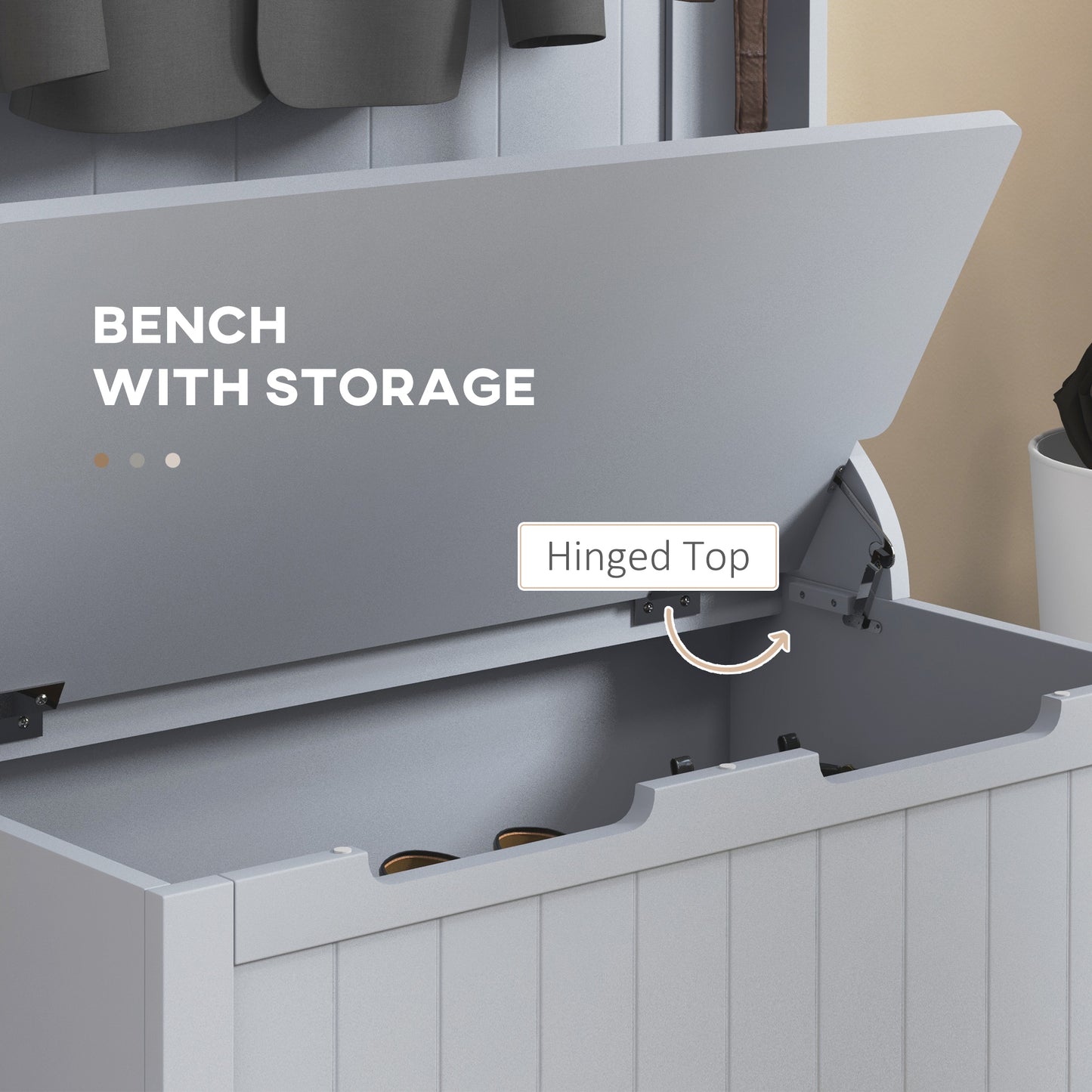 Gray storage bench with open hinged top revealing shoes inside