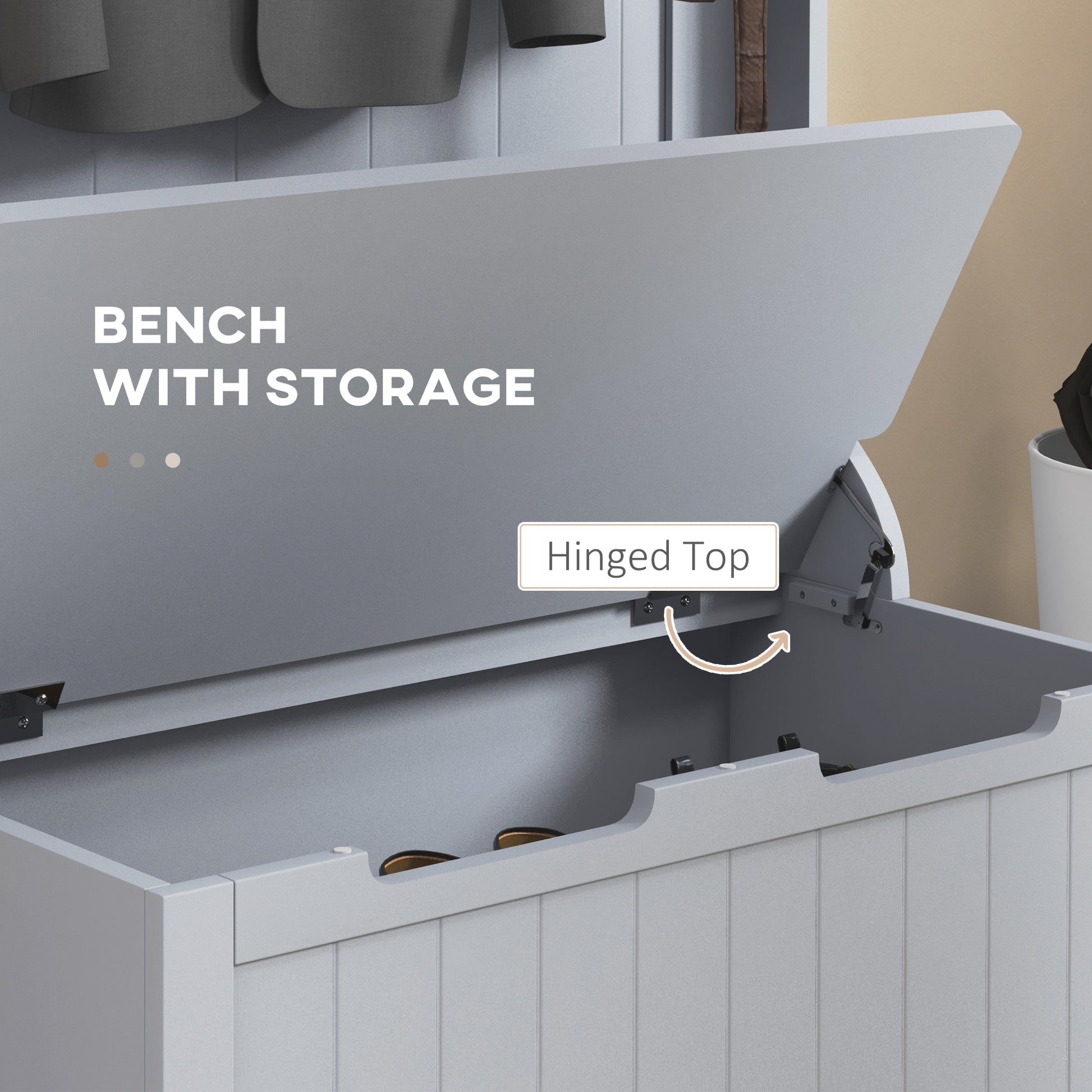 Gray storage bench with open hinged top revealing shoes inside
