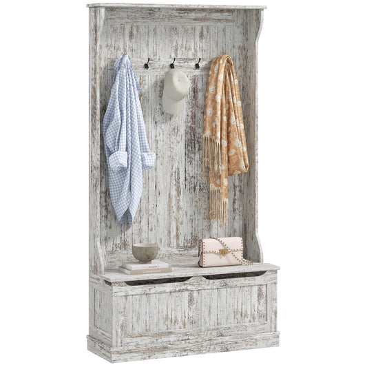 White distressed wood hall tree with bench coat hooks and storage