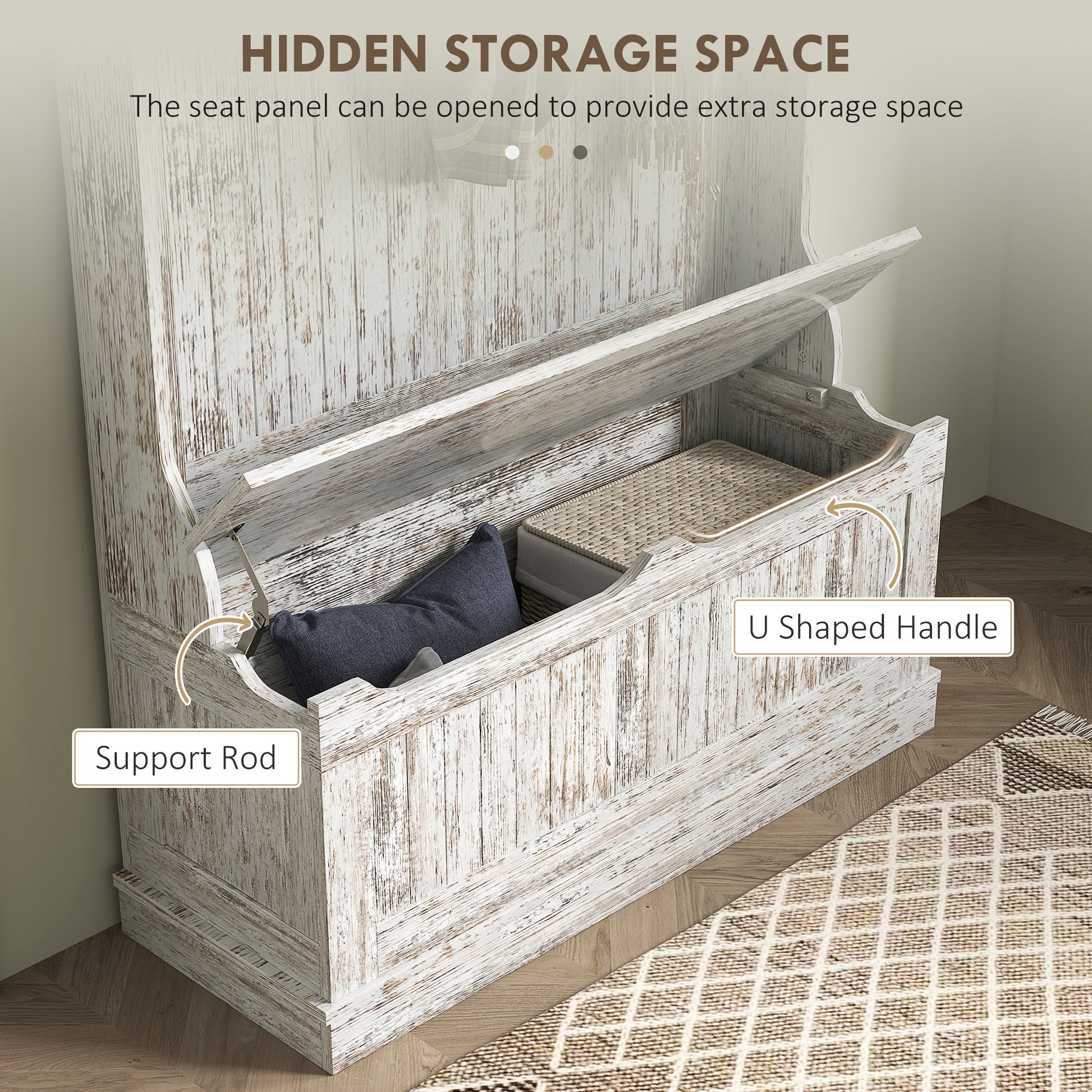 Antique white storage bench with lid open revealing hidden compartment