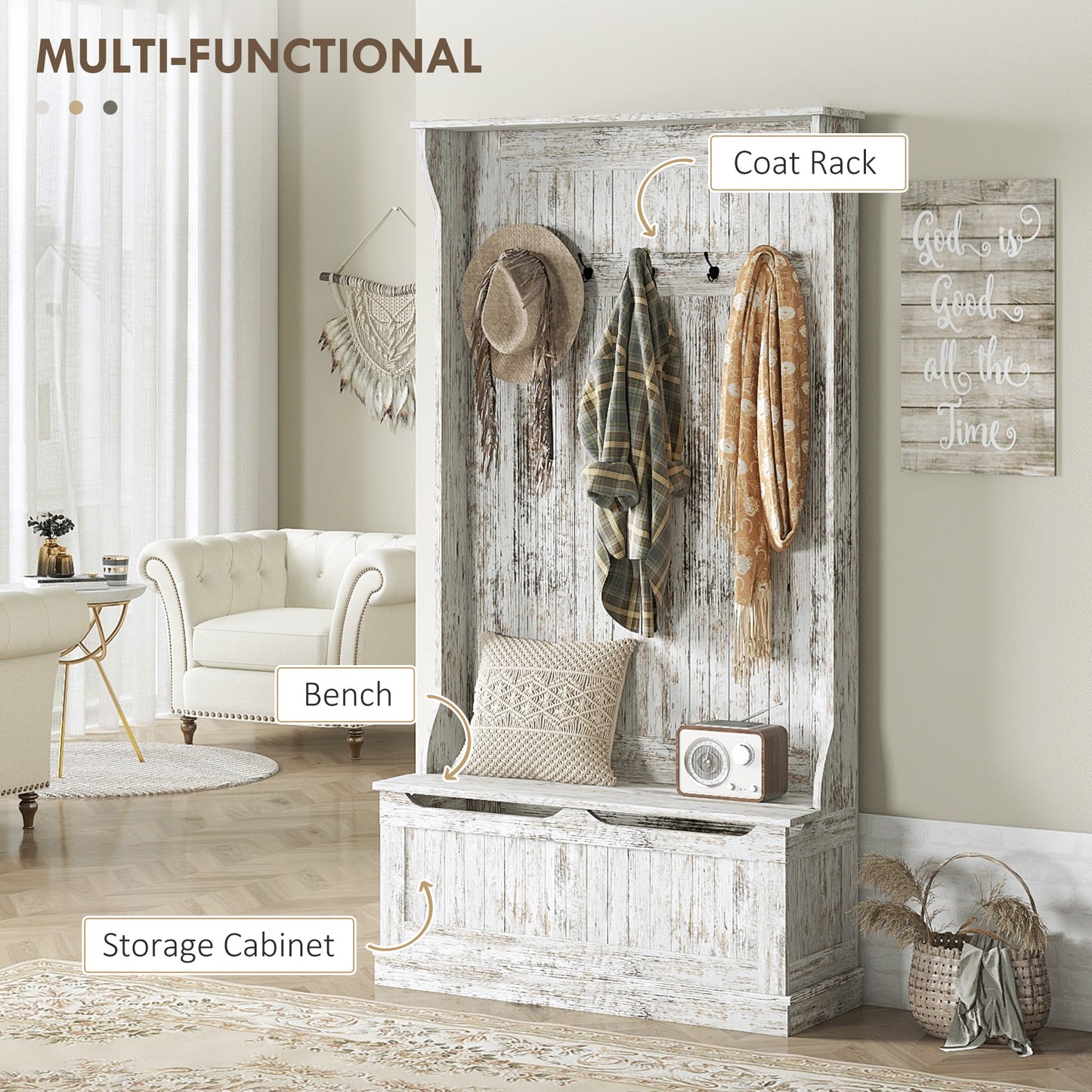Distressed white wood hall tree with bench and coat rack