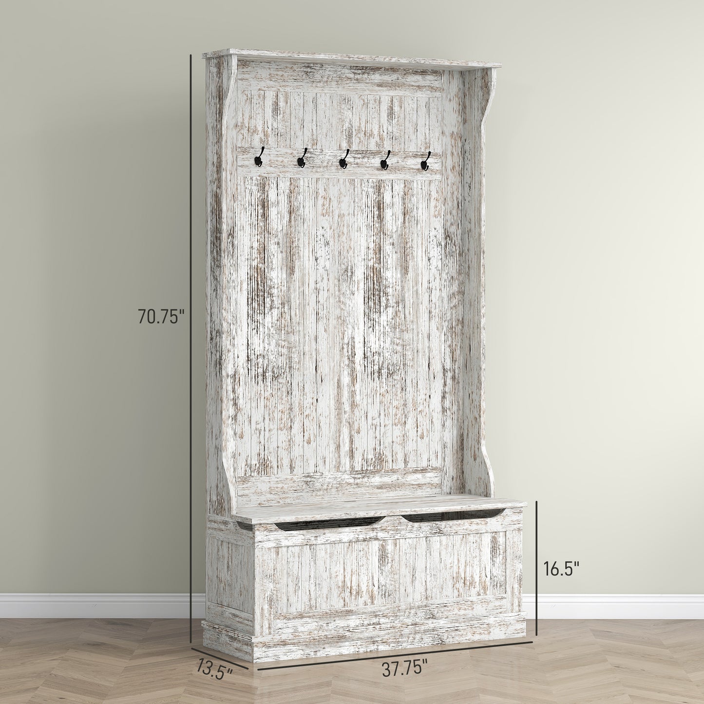 Distressed white wooden hall tree with bench and hooks