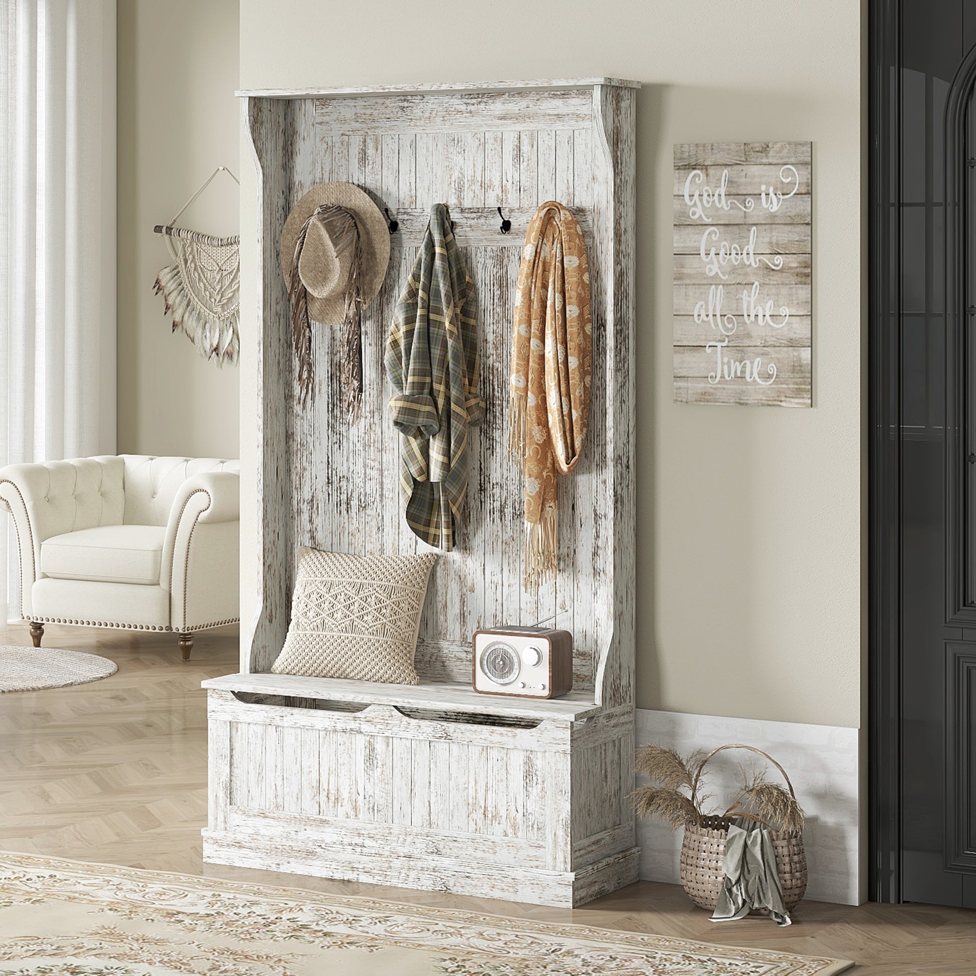 Distressed white hall tree with bench hooks and storage for coats and hats