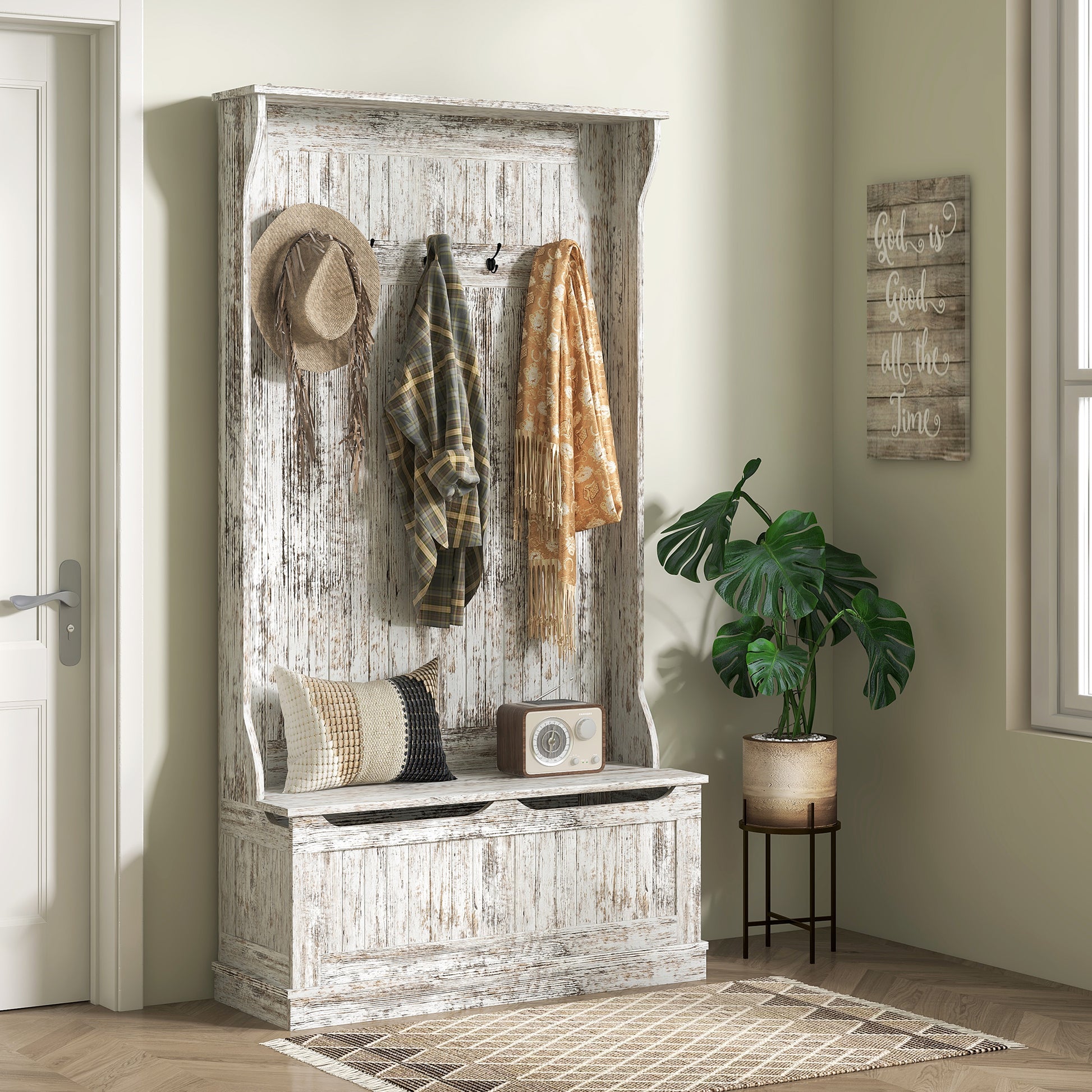 White distressed wood hall tree with storage bench and coat hooks