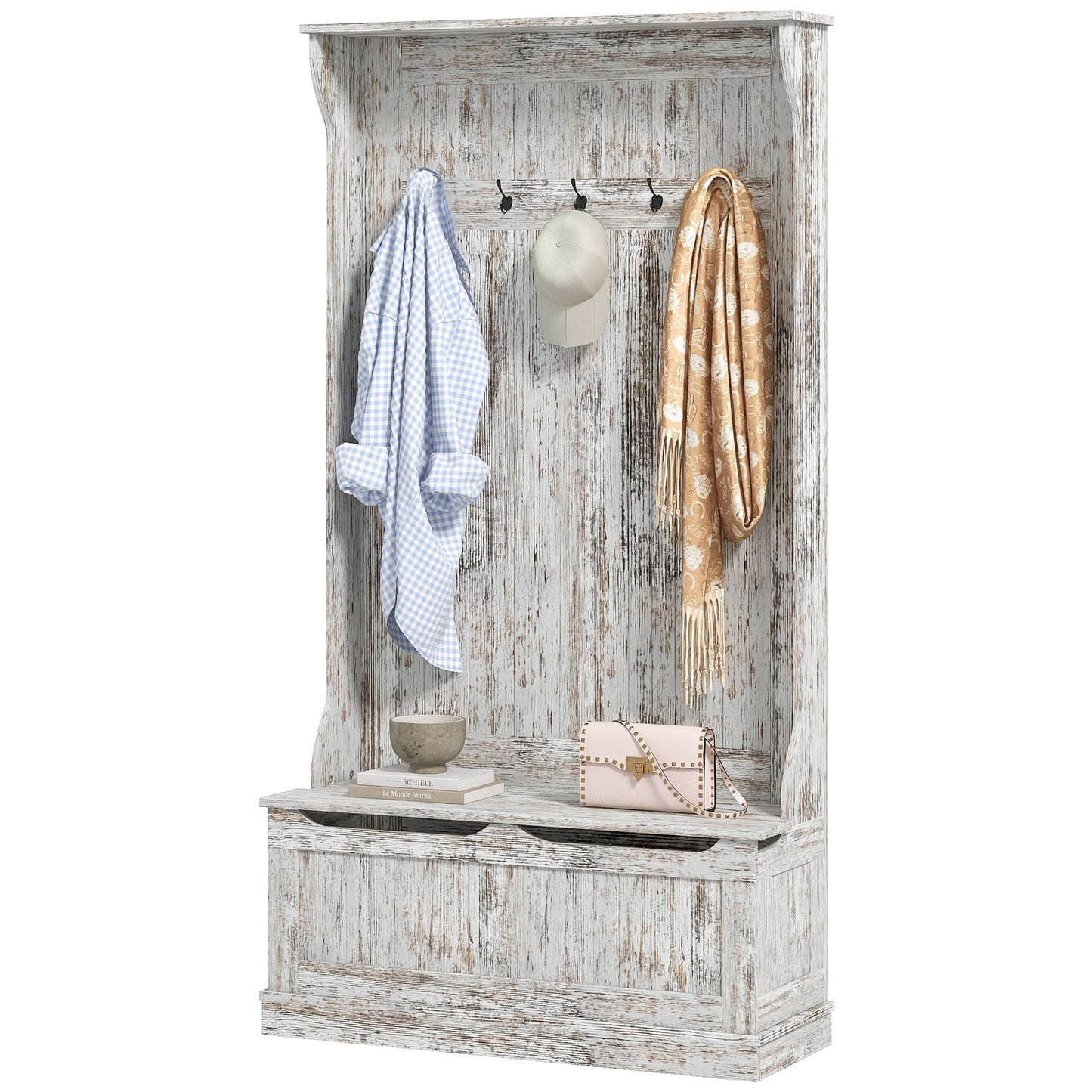 White washed wood hall tree with hooks bench and storage