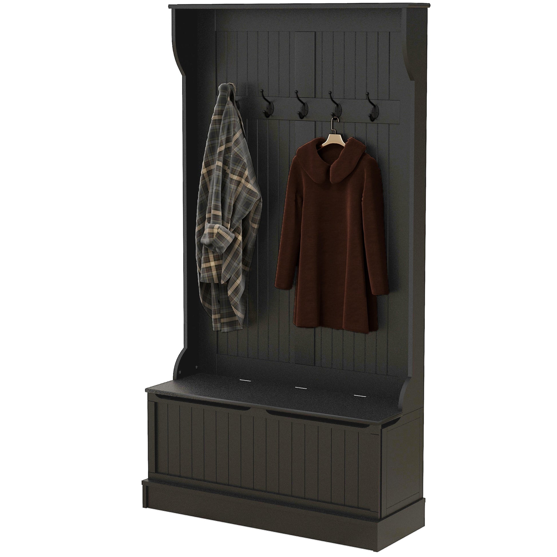 Black wooden hall tree with storage bench and four coat hooks featuring a plaid shirt and brown coat