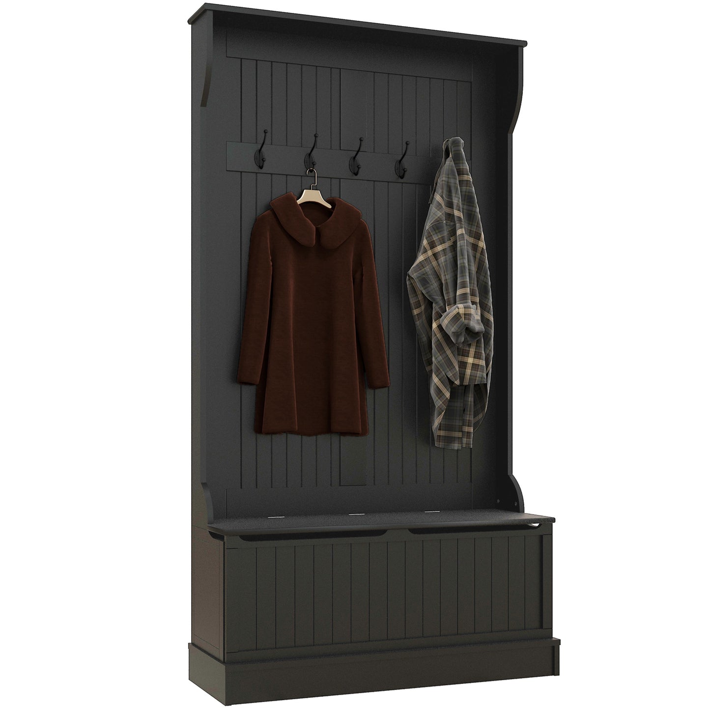 Black wood hall tree with storage bench and coat hooks