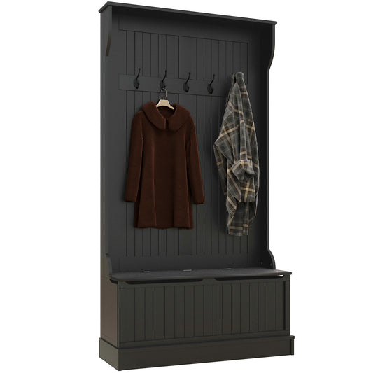 Black wood hall tree with storage bench and coat hooks