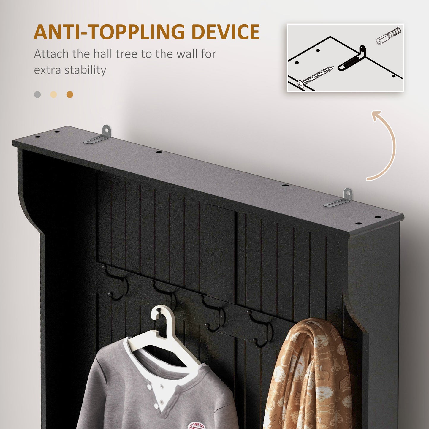 Black hall tree with five coat hooks and top shelf