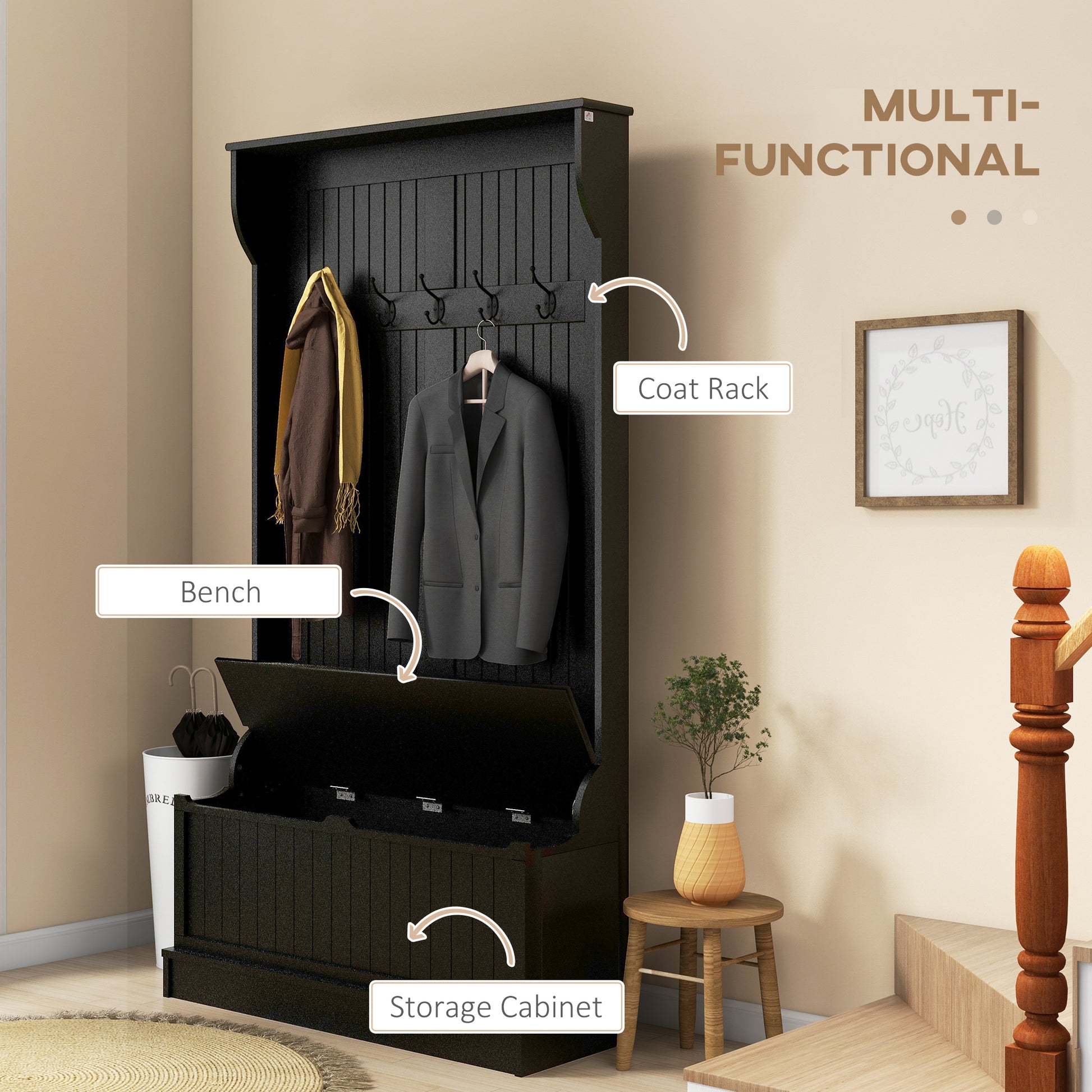 Black entryway coat rack with bench and storage cabinet