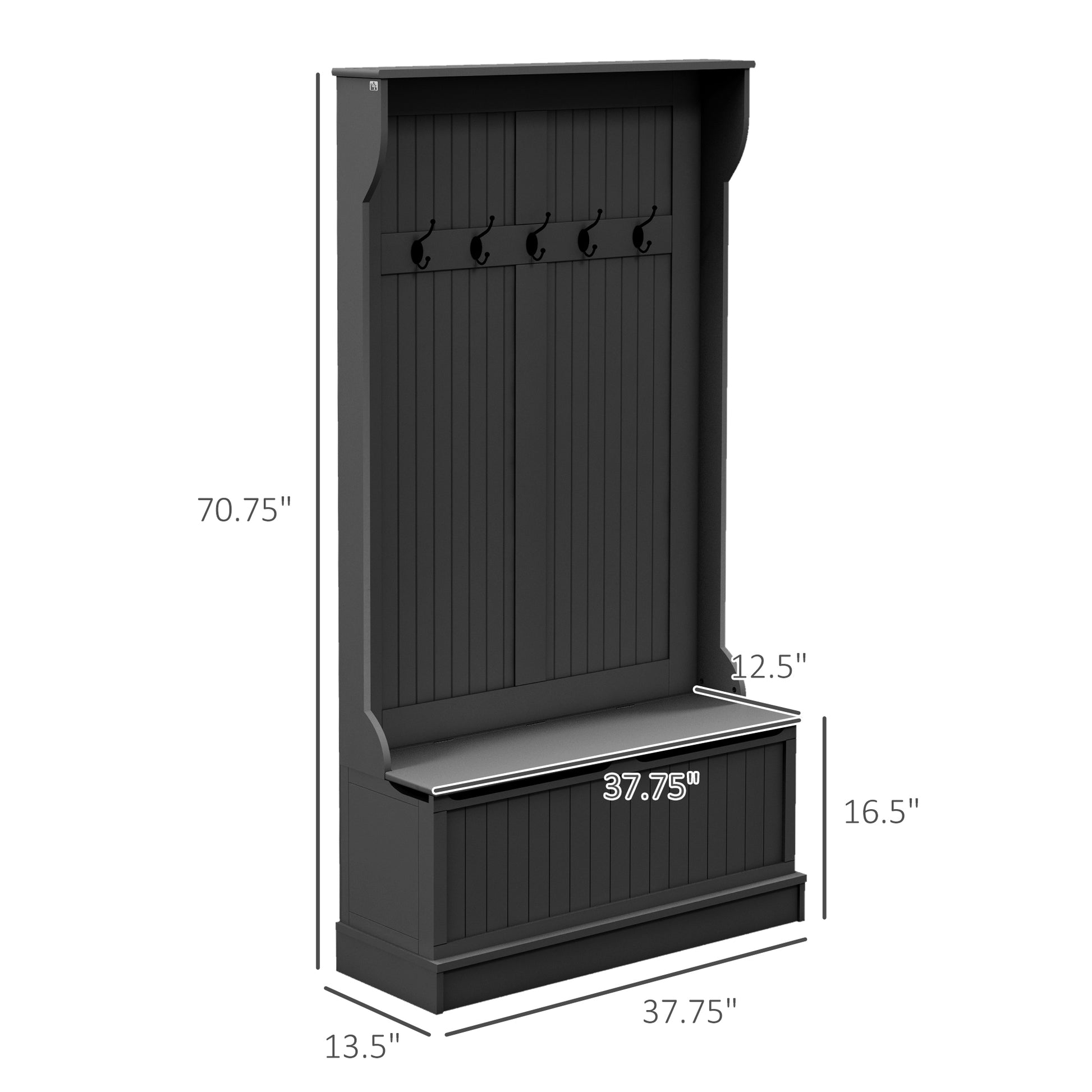 Dark gray hall tree with coat hooks and bench storage