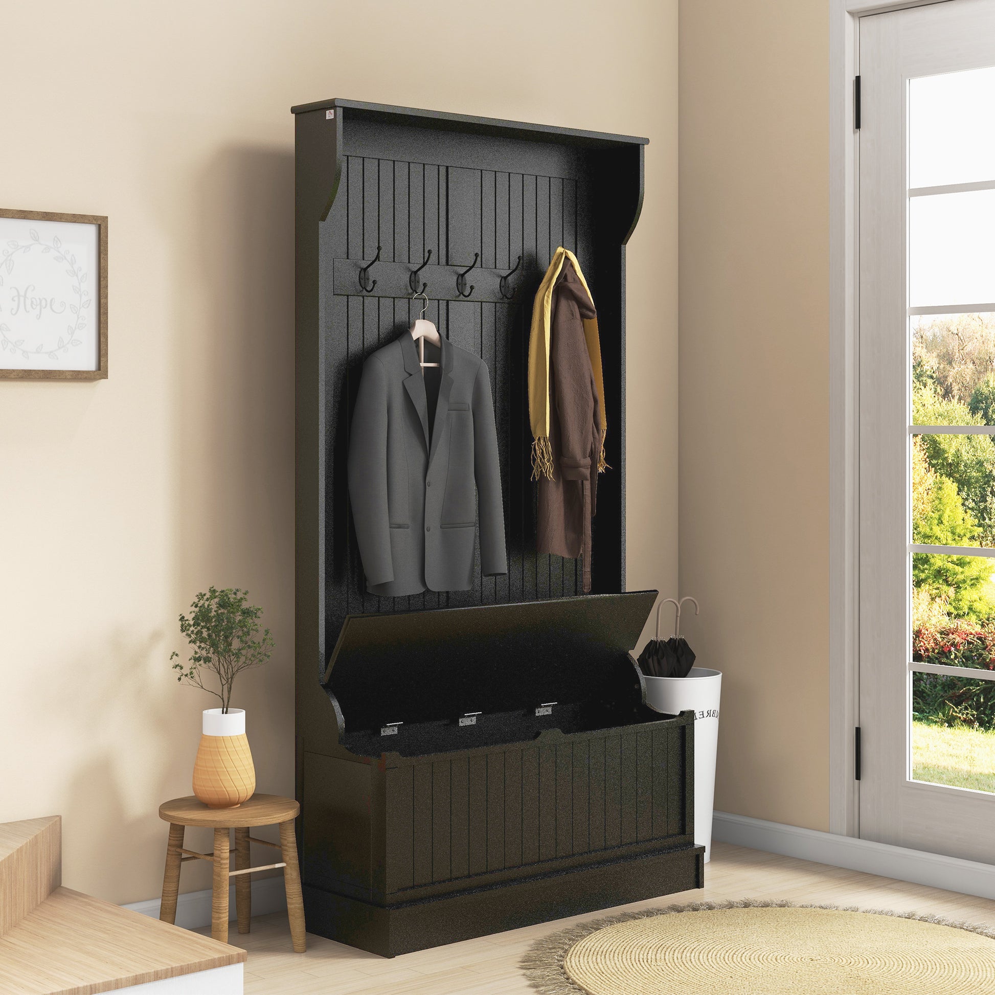 Black wood hall tree with storage bench and coat hooks