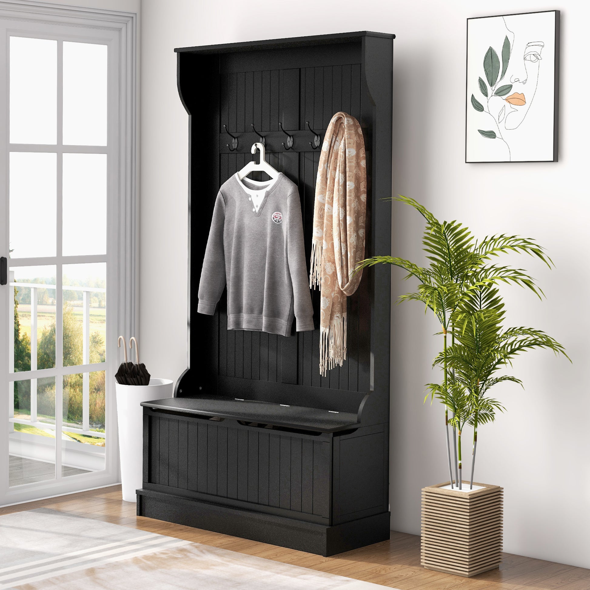 Black entryway bench with coat hooks and storage cubby