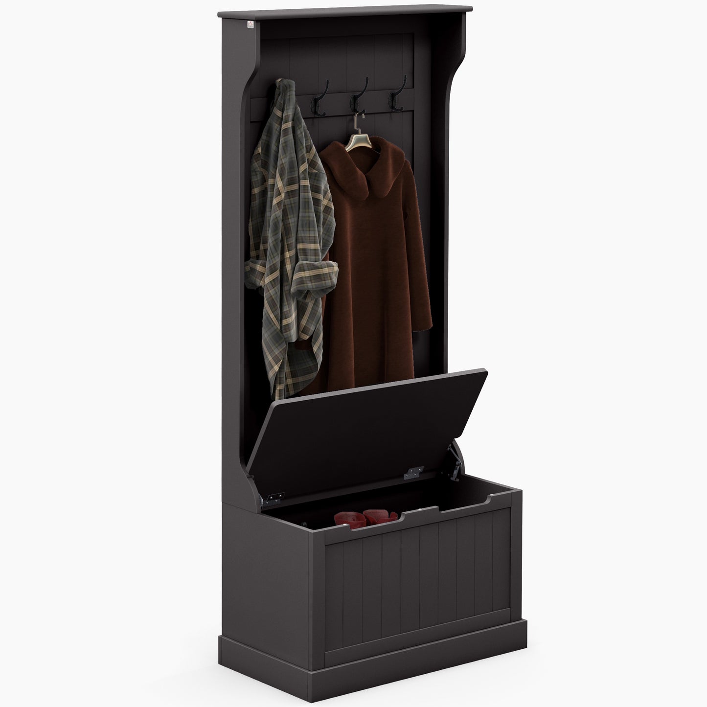 Dark gray hall tree with coat hooks and shoe storage bench