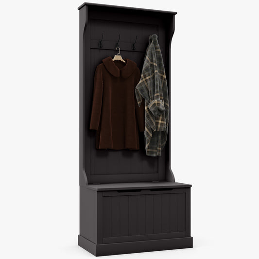 Dark grey hall tree with bench and hooks