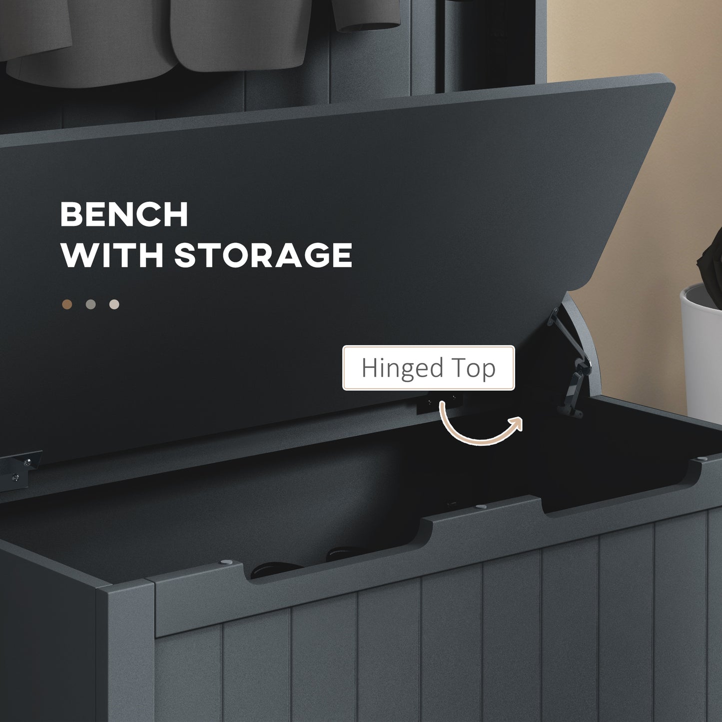 Dark gray outdoor storage bench with hinged lid open