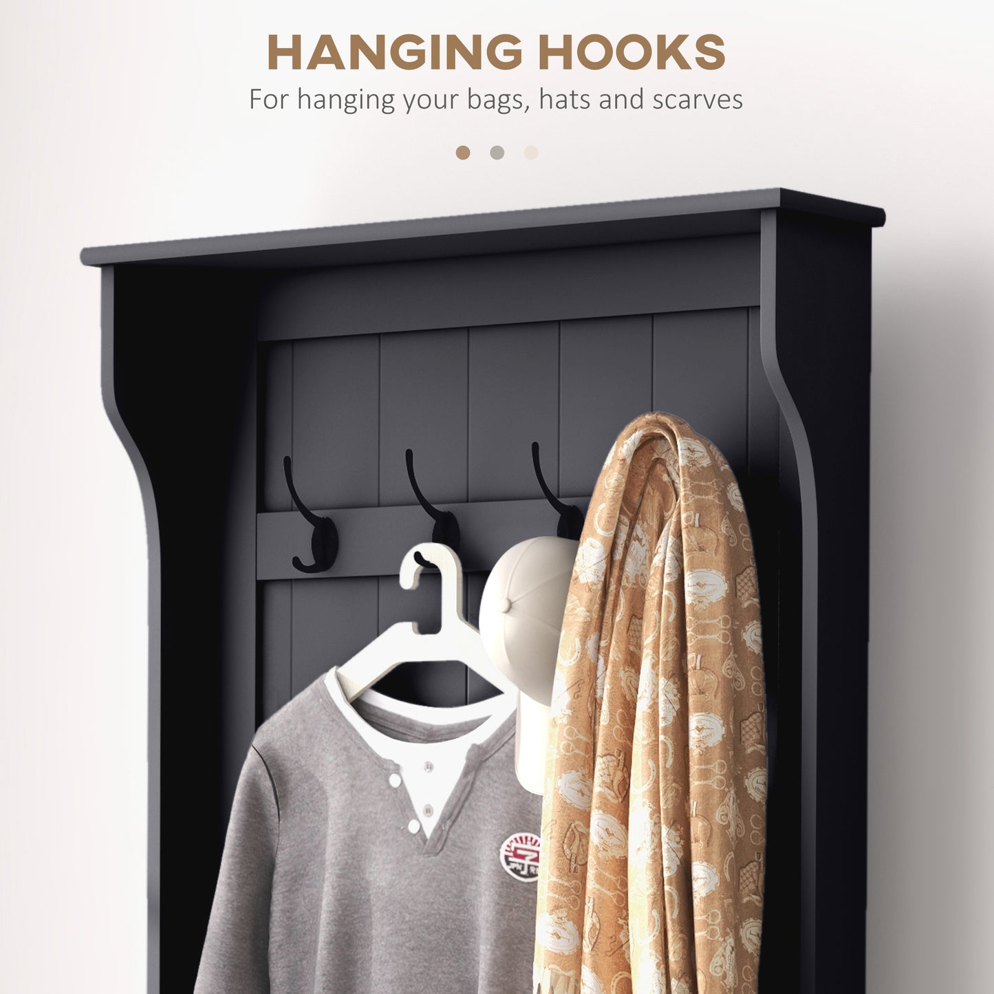 Dark gray wall mounted shelf with four black metal hanging hooks