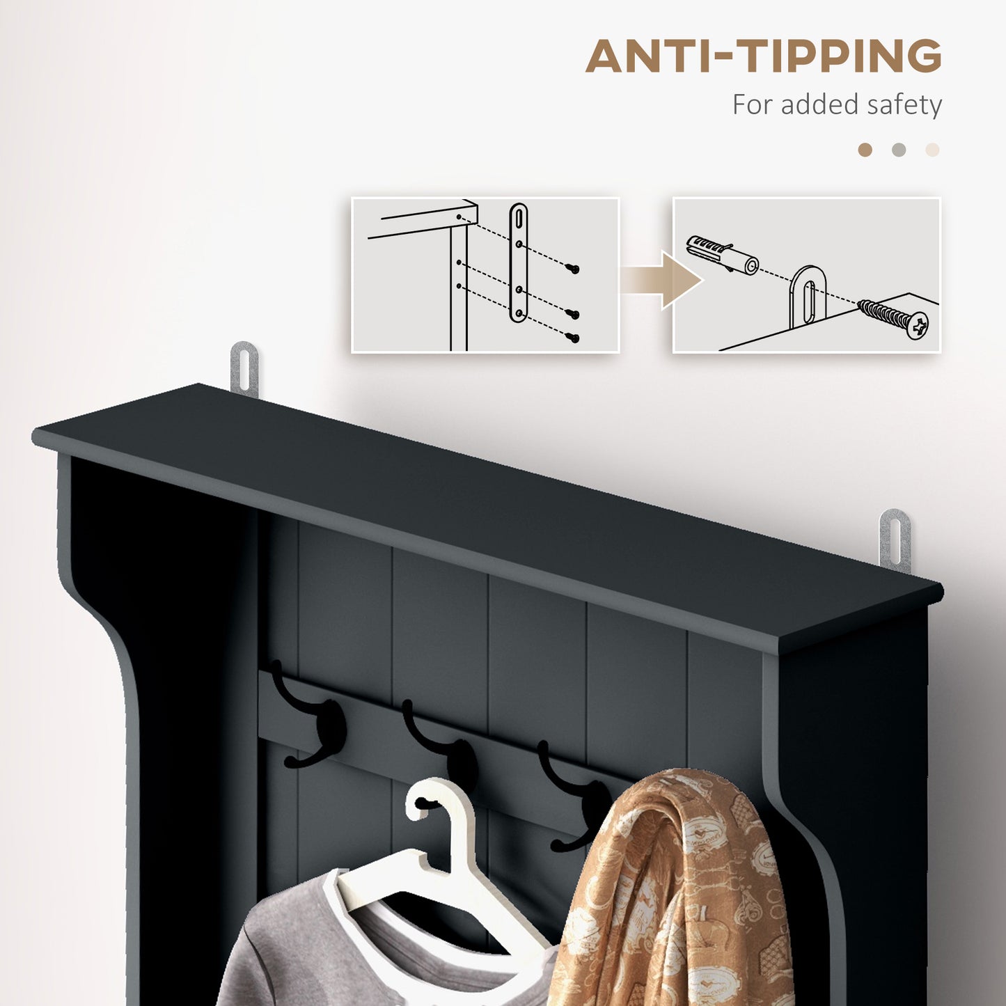 Dark grey entryway wall shelf with  black coat hooks