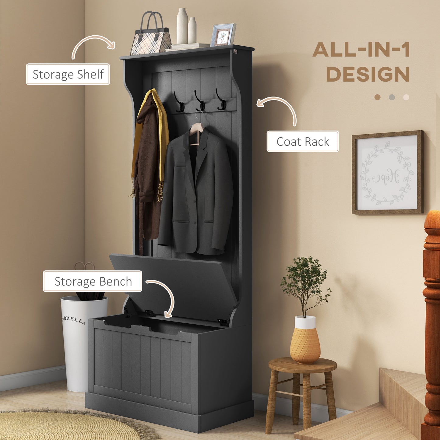 Dark grey entryway hall tree with storage bench coat rack and top shelf
