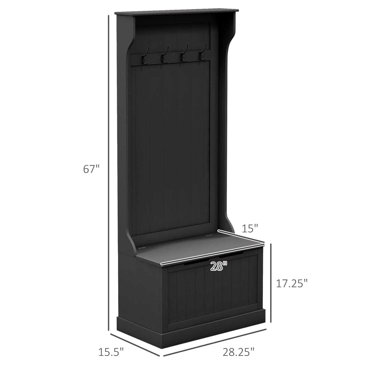 Black entryway hall tree with bench and four coat hooks