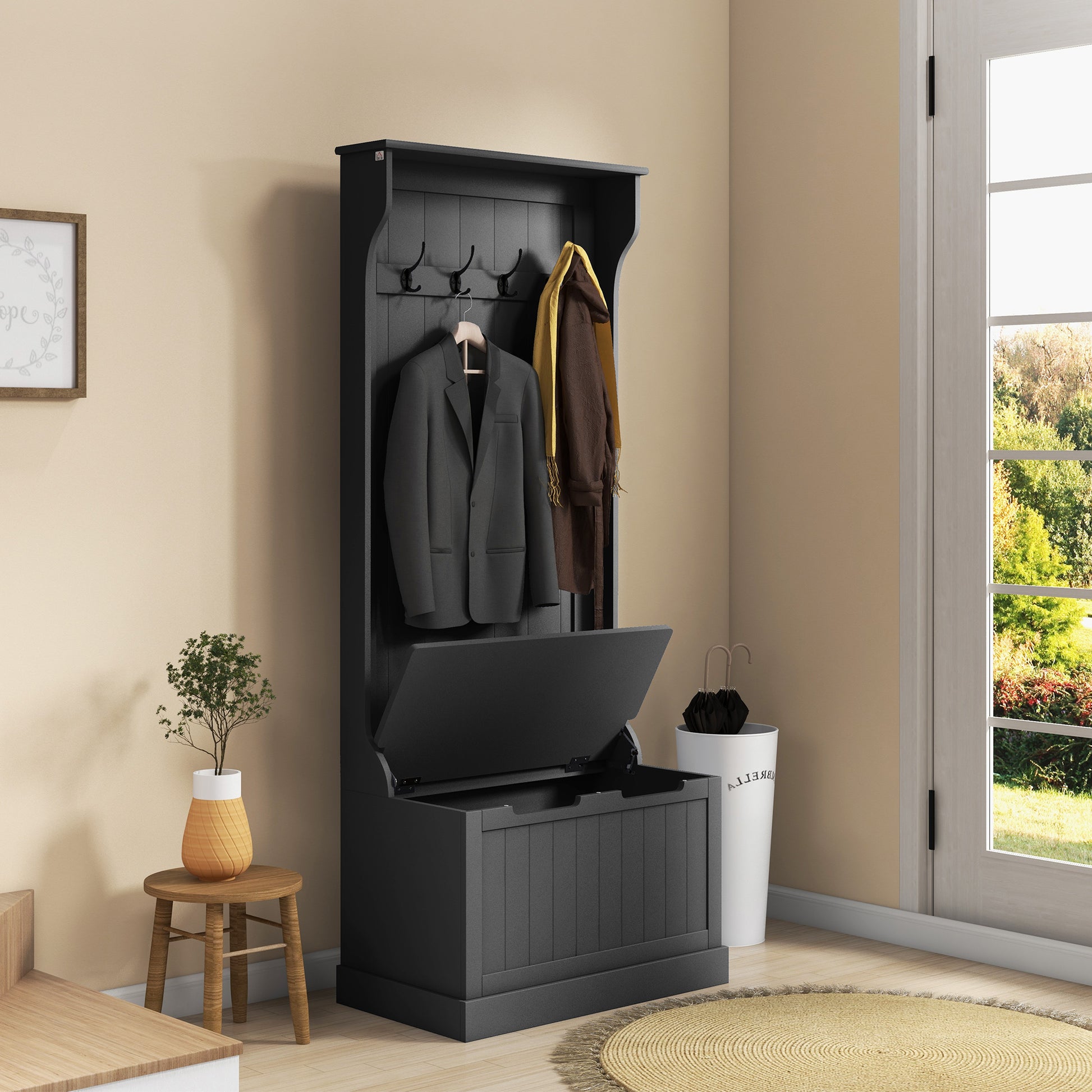 Black wooden hall tree with storage bench and coat hooks perfect for entryways