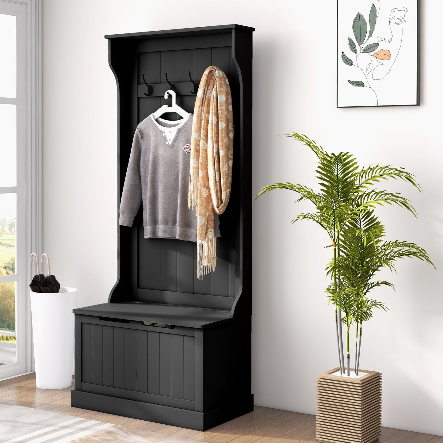 Black entryway hall tree with coat hooks and storage bench