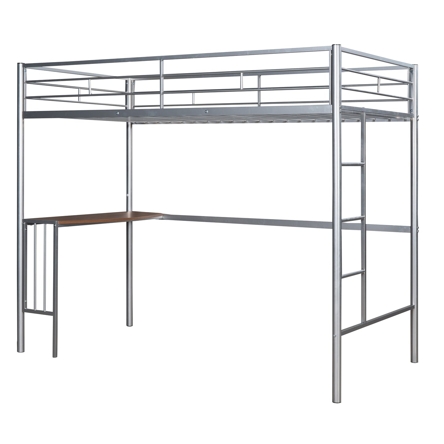 Silver metal loft bed frame with integrated desk perfect for small bedrooms