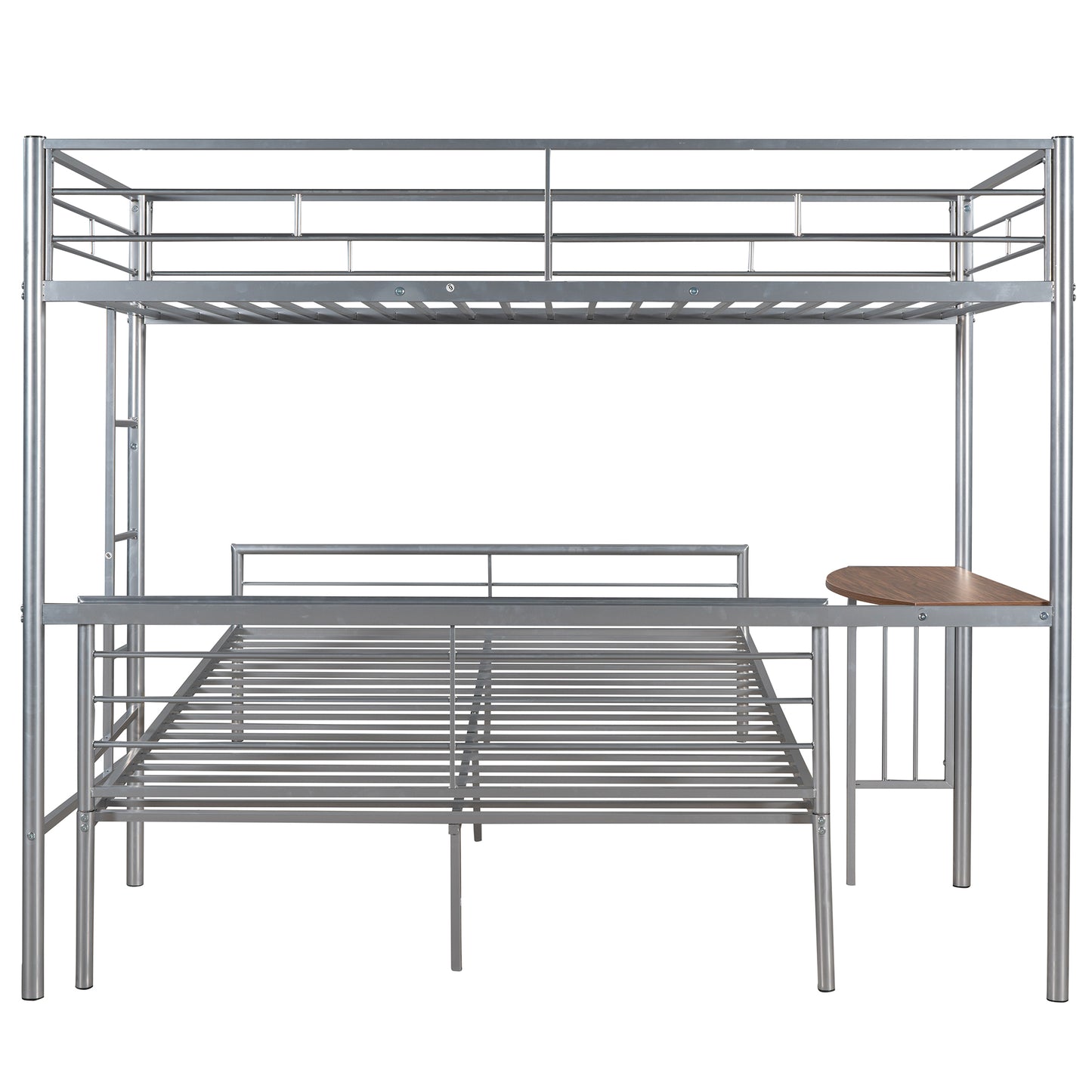 Silver metal loft bed with integrated desk
