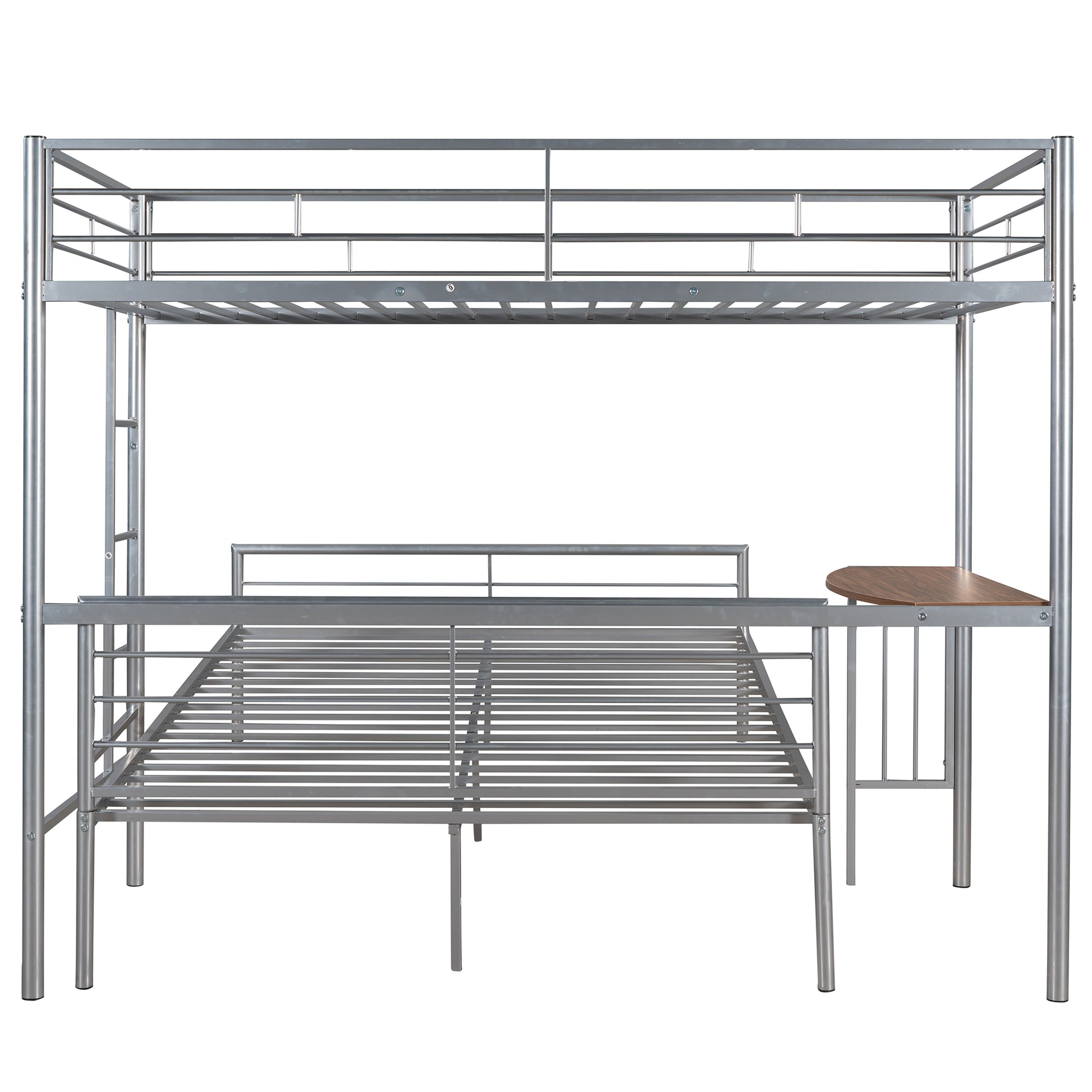 Silver metal loft bed with integrated desk