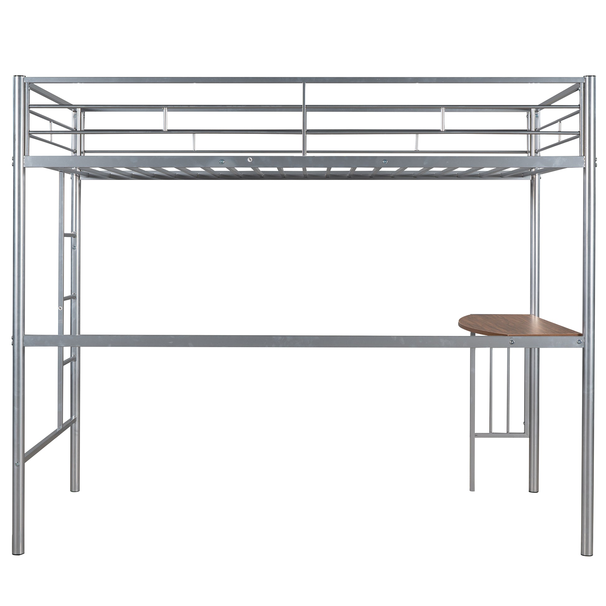 Silver metal loft bed frame with integrated desk