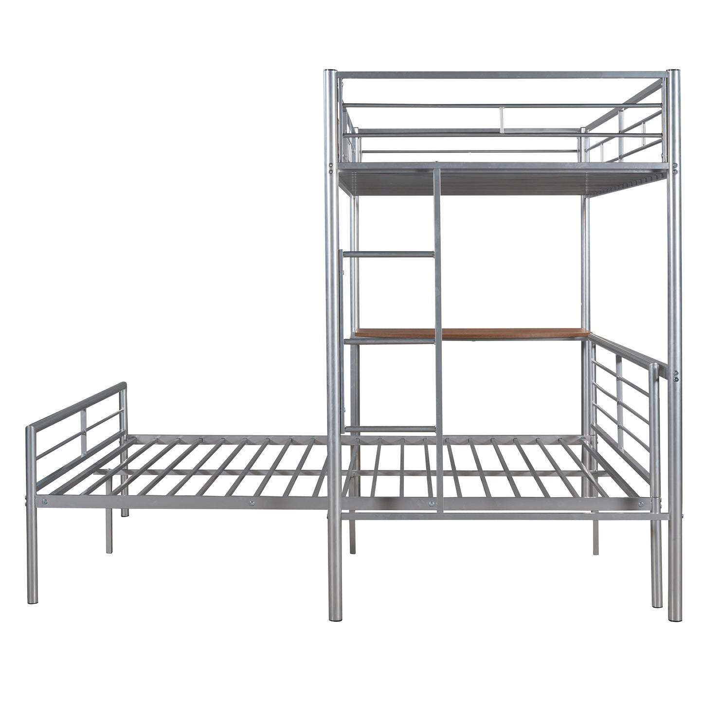 Silver metal triple bunk bed with integrated desk