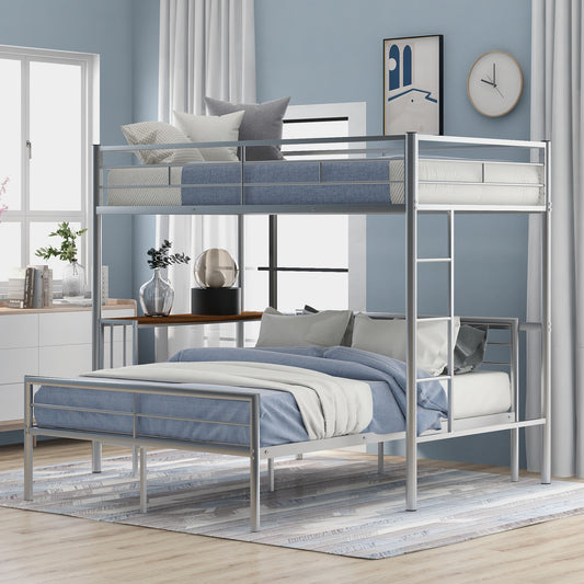 Silver metal twinovertwin bunk bed with blue bedding and pillows