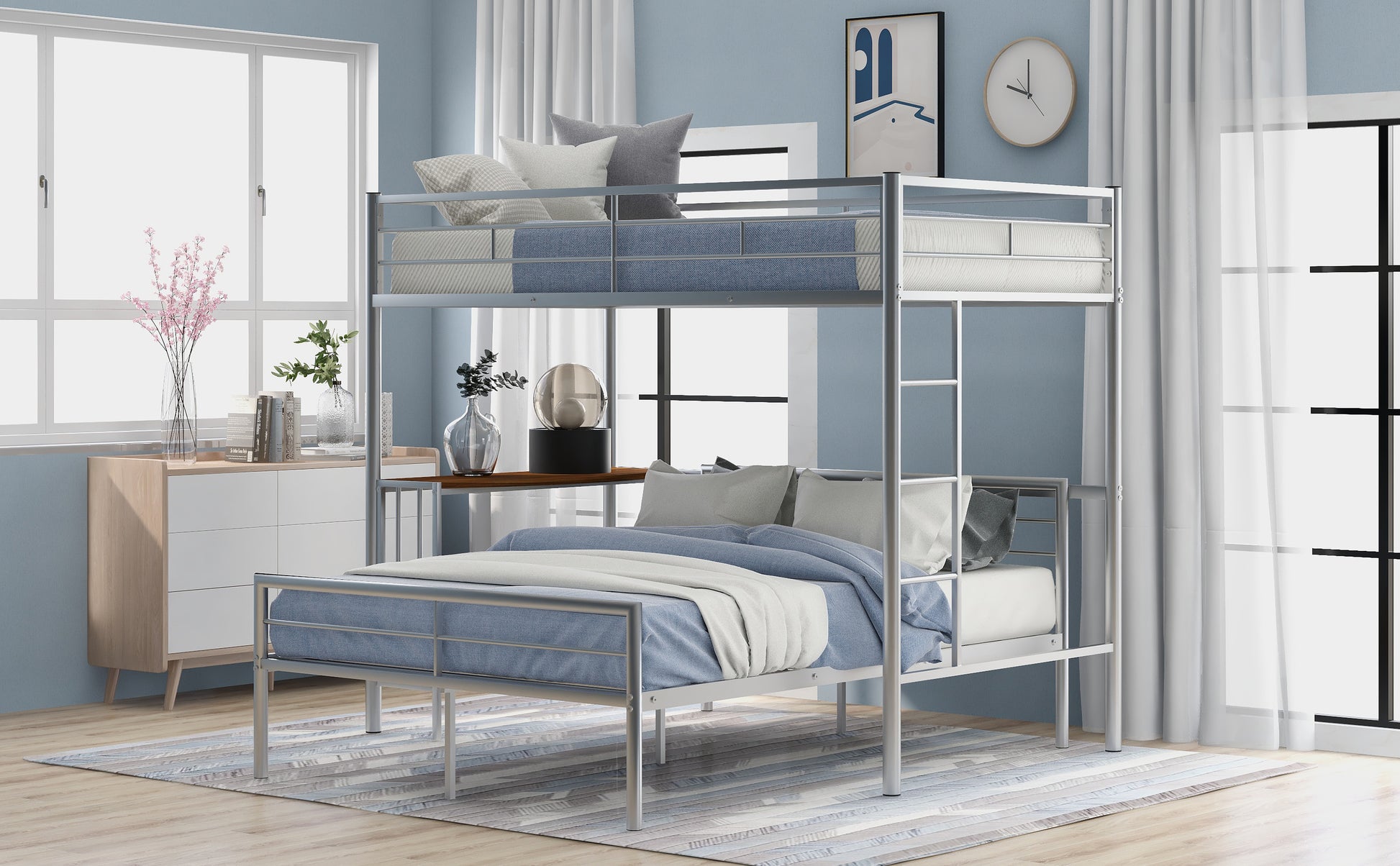 Silver metal bunk bed with blue and white bedding