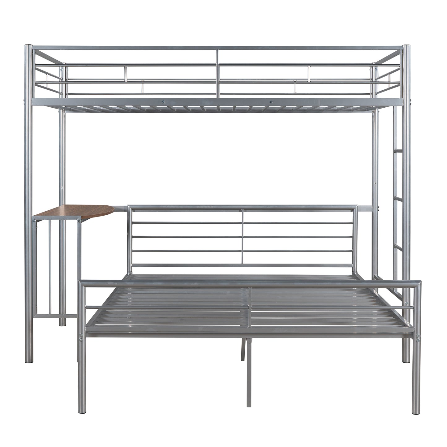 Silver metal bunk bed with integrated desk and laptop shelf for small spaces
