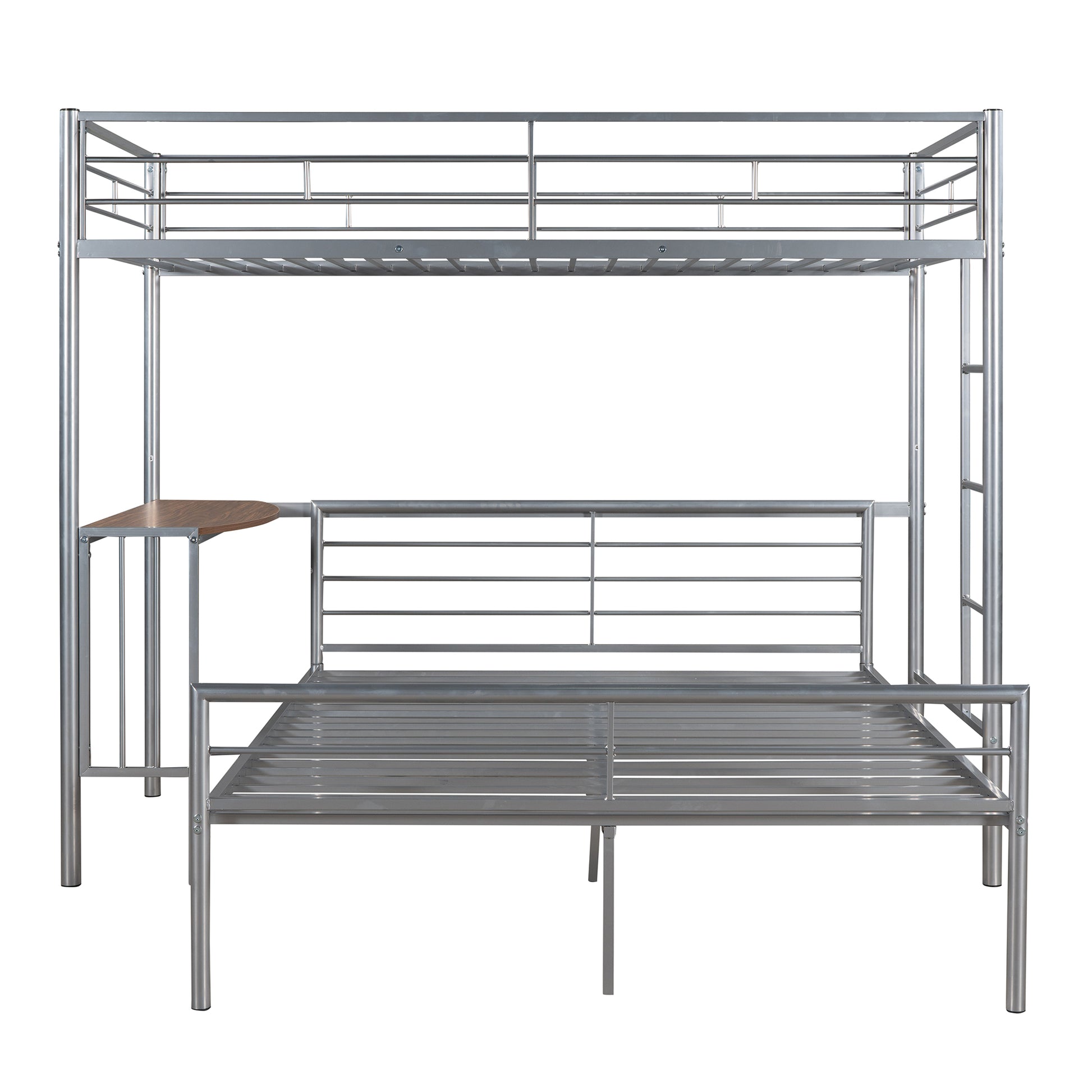 Silver metal bunk bed with integrated desk and laptop shelf for small spaces