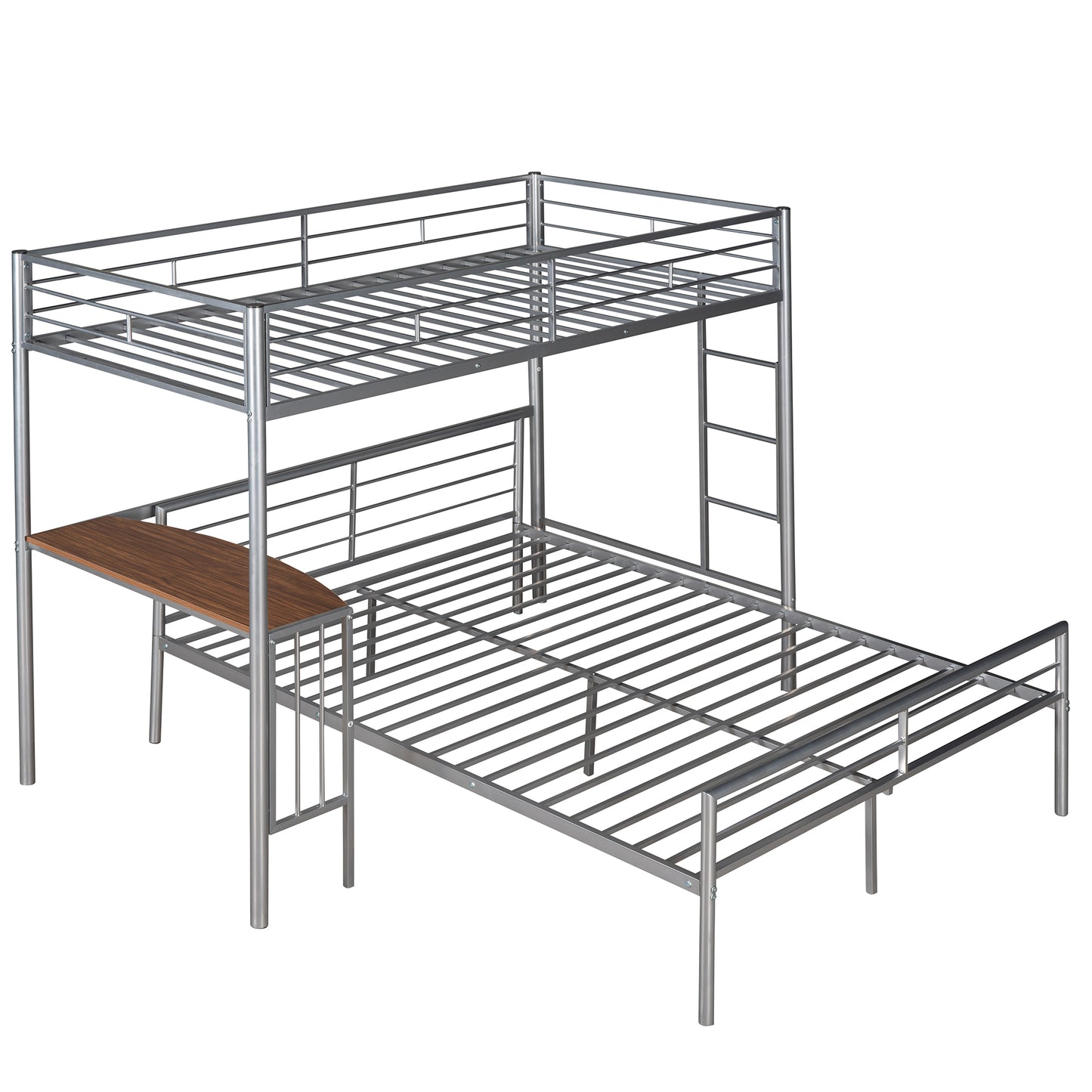Silver metal bunk bed with integrated desk and ladder