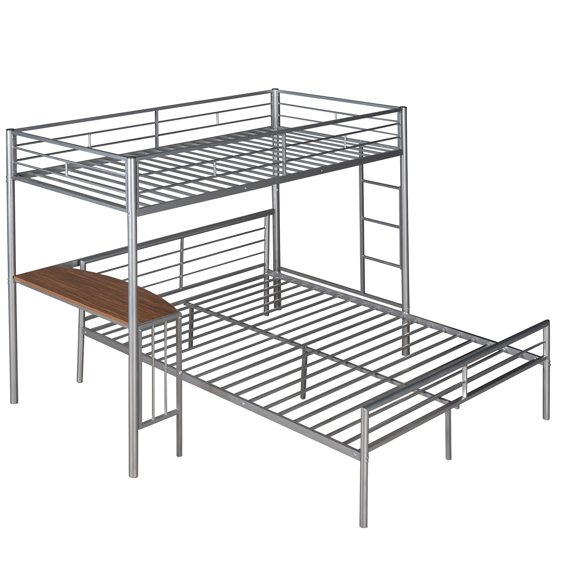 Silver metal bunk bed with integrated desk and ladder