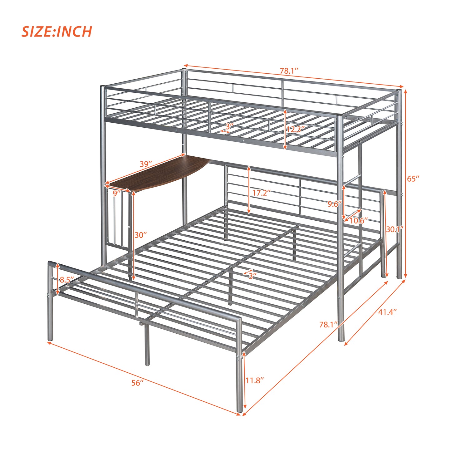 Silver metal bunk bed with desk attachment featuring twin over twin beds and silver frame