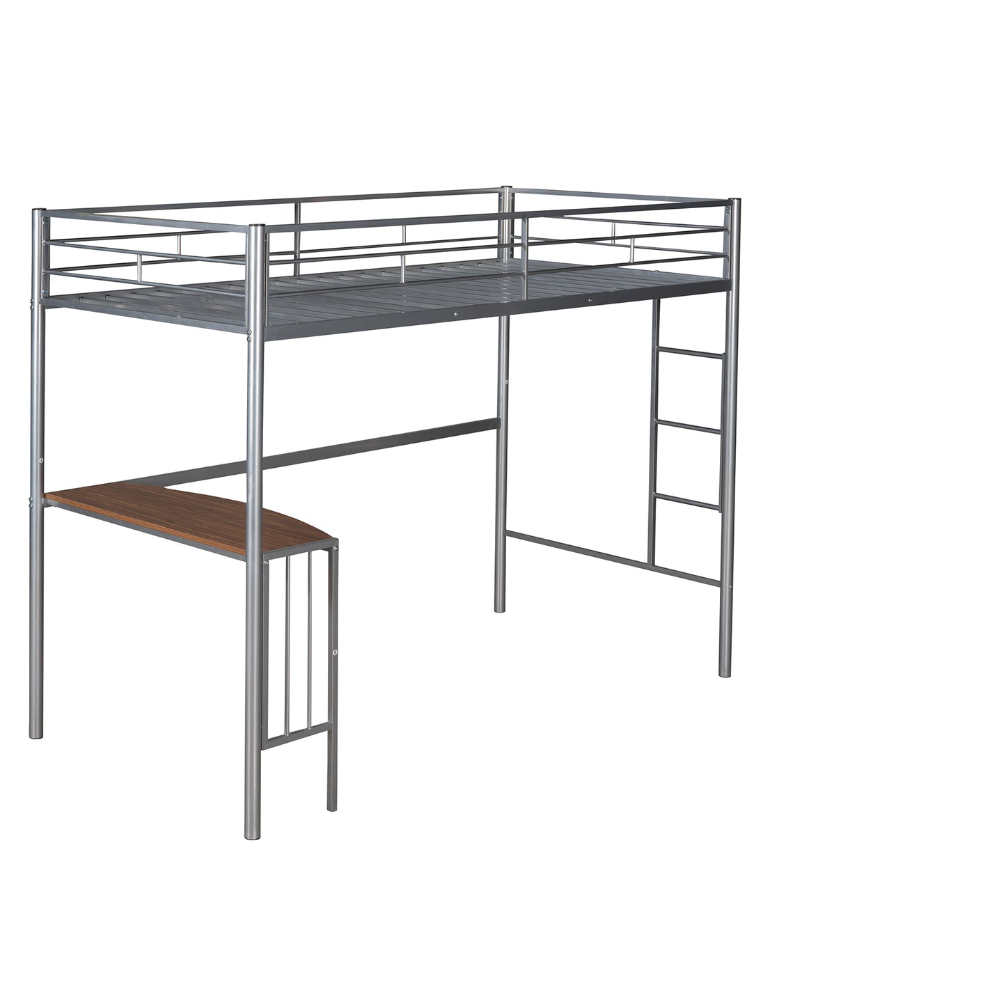 Silver metal loft bed with integrated desk and ladder