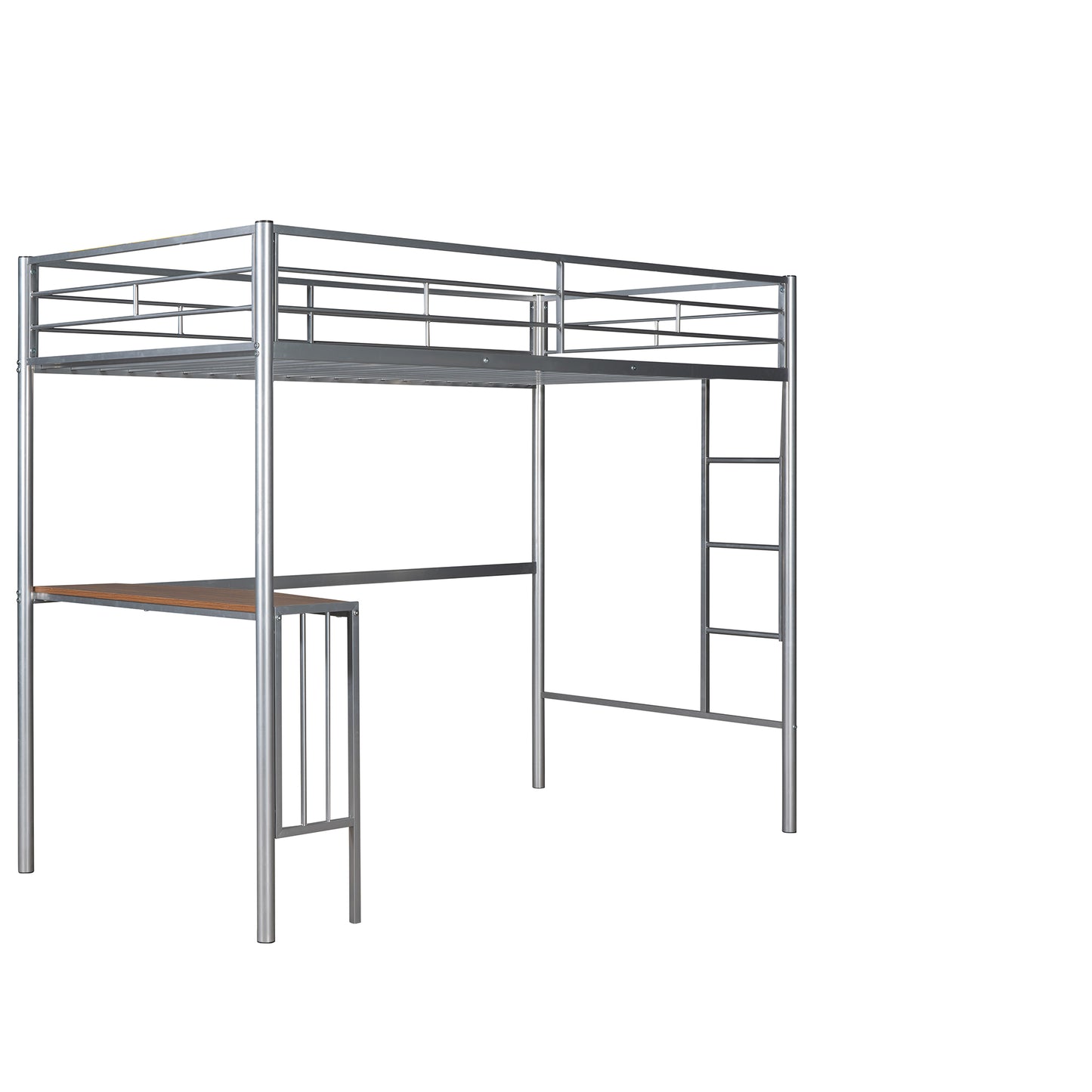 Silver metal loft bed with integrated desk and ladder