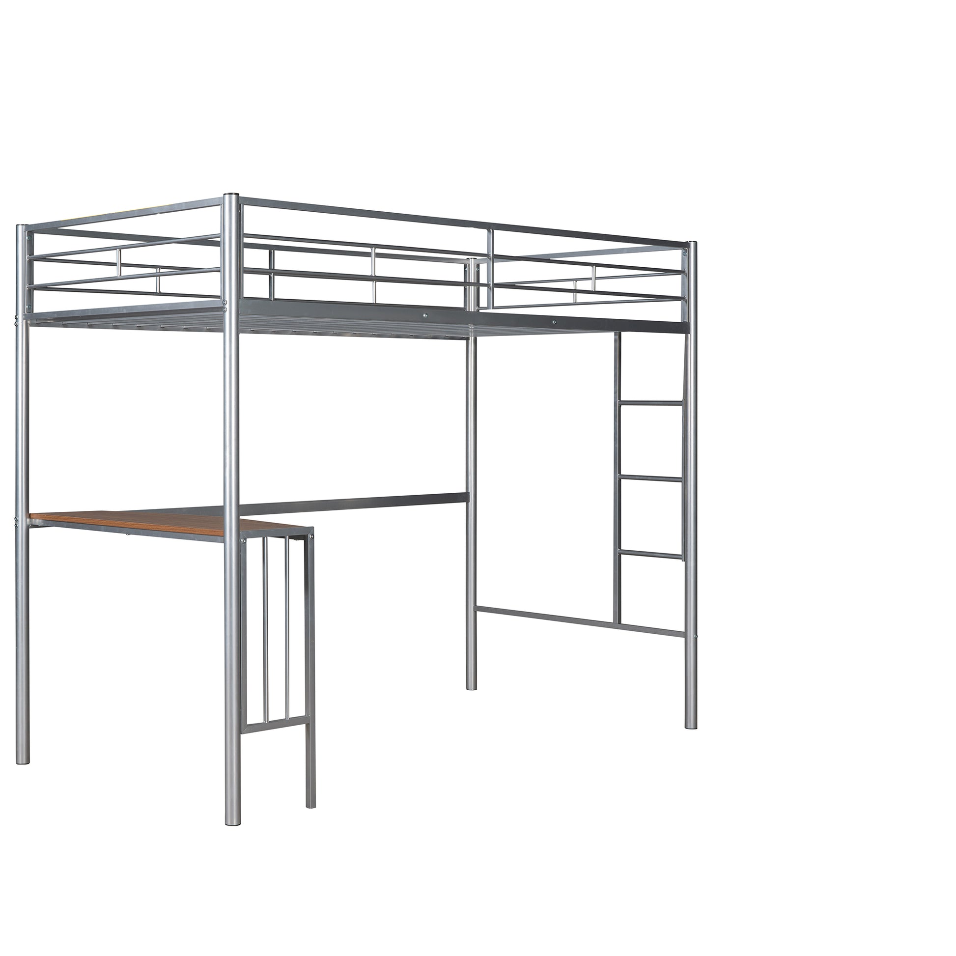 Silver metal loft bed with integrated desk and ladder