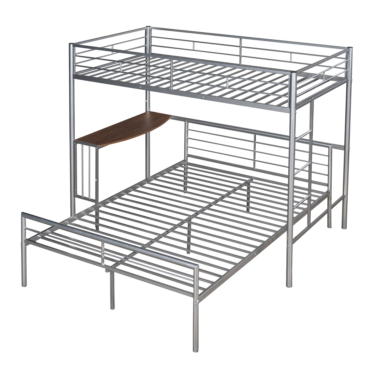 Silver metal triple bunk bed frame with integrated desk for small spaces