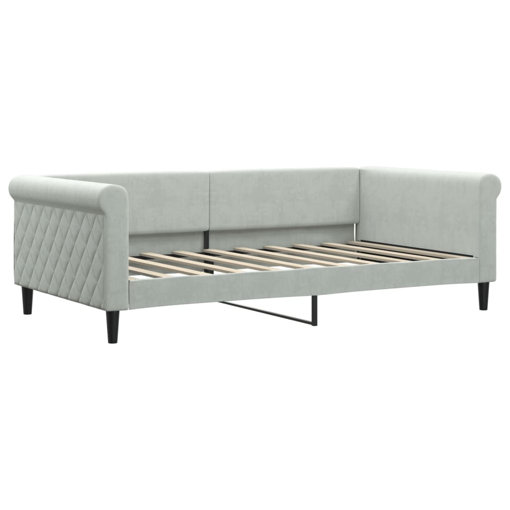 Diagram showing dimensions of a grey upholstered sofa bed with diamond pattern on armrests