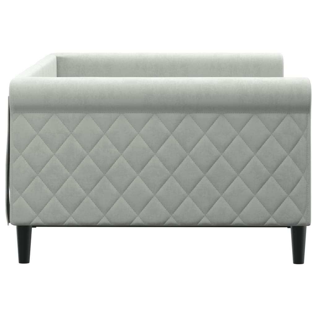 Light grey upholstered sofa bed with wooden slats
