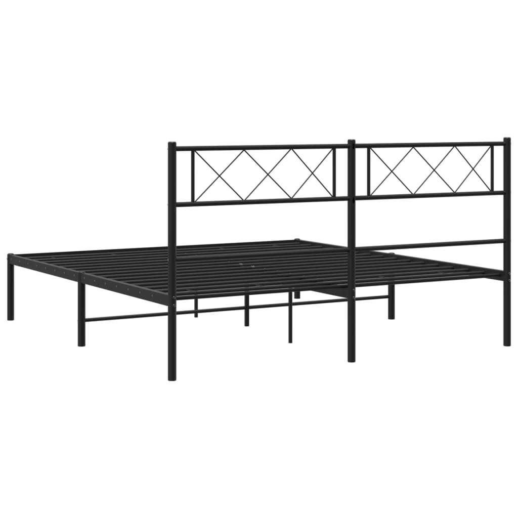 Black metal bed frame with geometric headboard detail