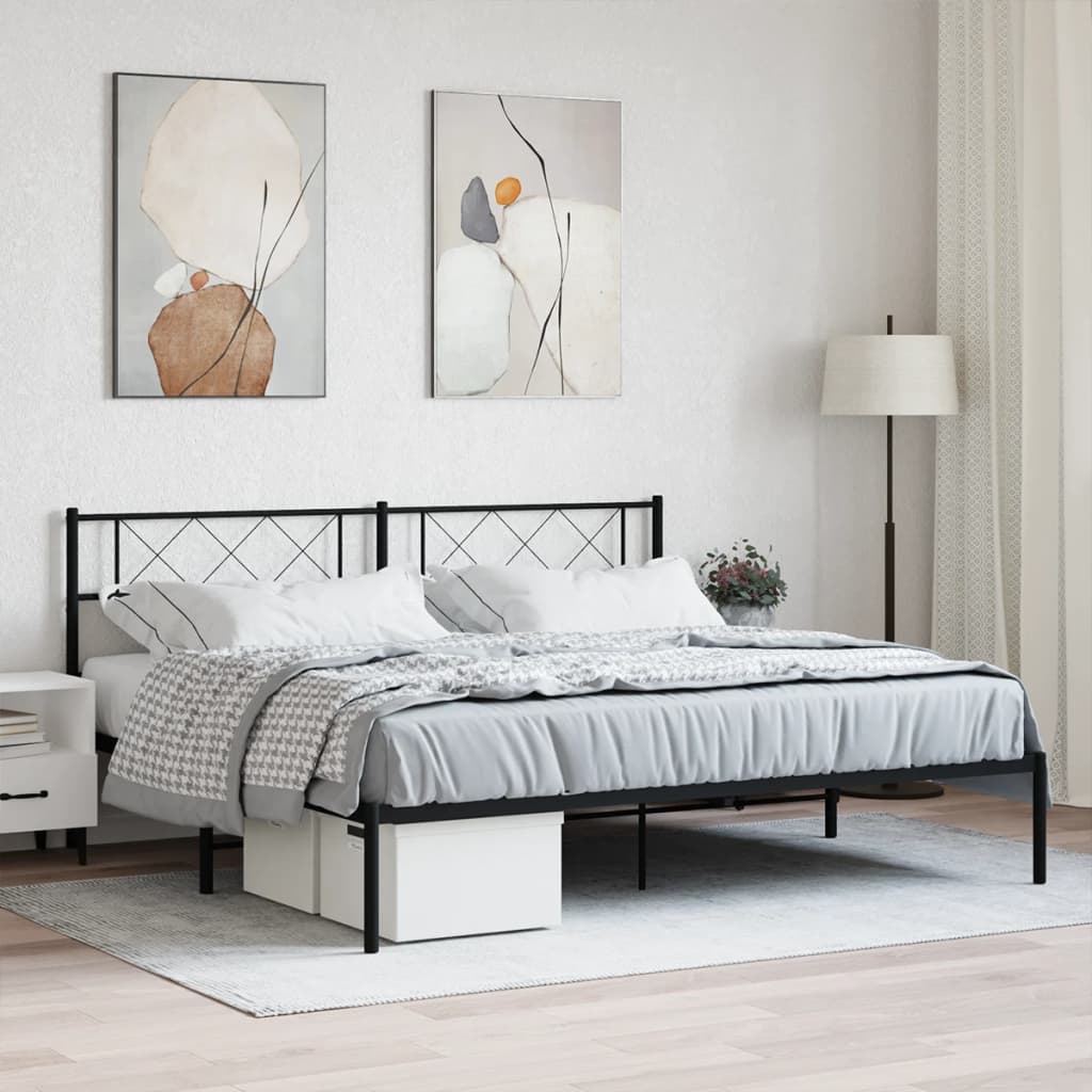 Black metal platform bed frame with diamond pattern headboard