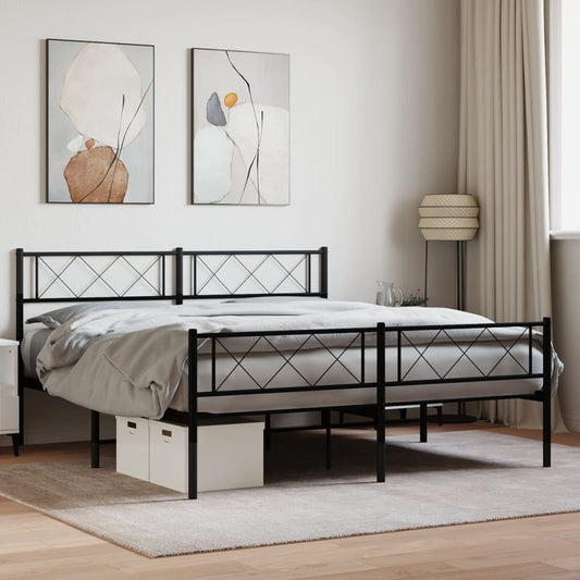 Black metal fullsize bed frame with diamond pattern headboard and footboard