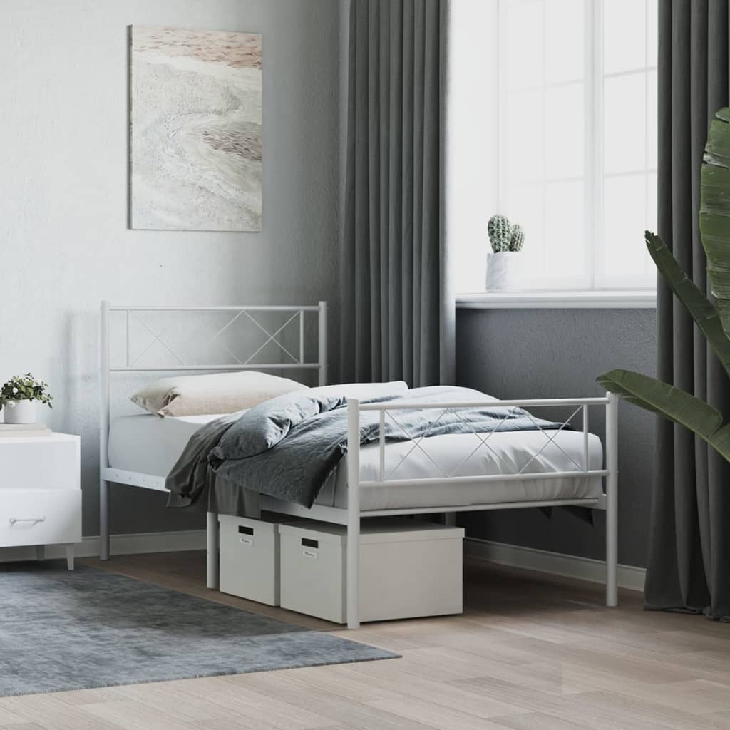 White metal twin bed frame with diamond lattice headboard and footboard