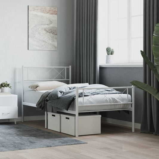 White metal twin bed frame with diamond lattice headboard and footboard